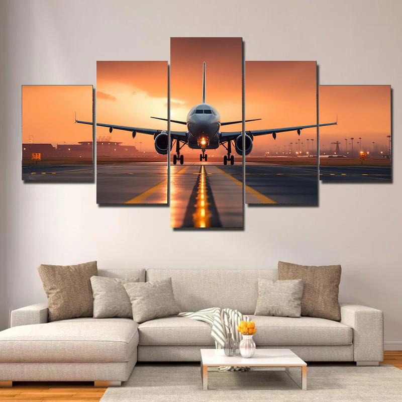 5pcs Modern Take Off Airplane Print Canvas Painting, Airplane In Sky Poster Wall Art, For Living Room Study Room Decor, No Frame