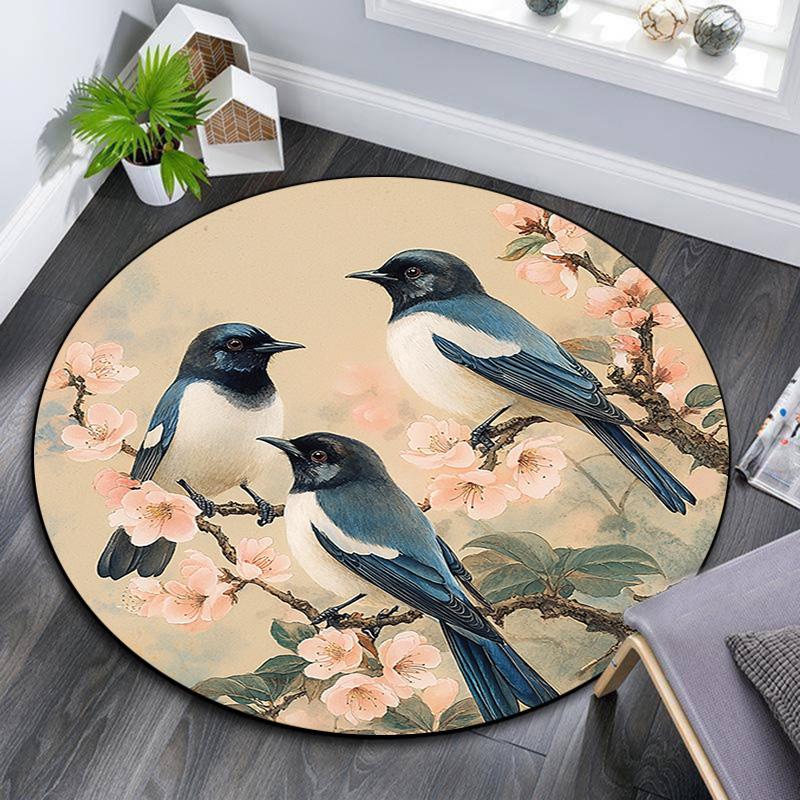 Birds On Branches Round Area Rug,Carpet Rug for Living Room Bedroom Sofa Playroom Decor,Non-slip Floor Mat