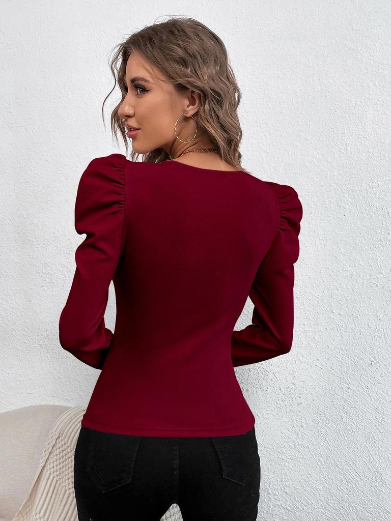Spring Autumn Fashion Long Sleeve Square Collar Slim T-shirt Short Temperament T-shirt Solid Color Comfortable Casual Knit T-shirt