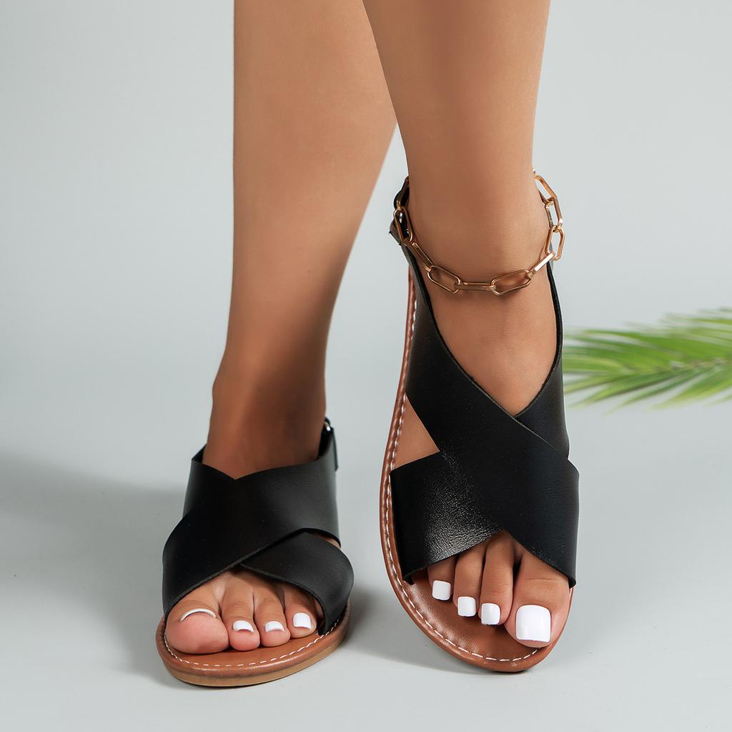 Large Size Crossed with Flat Sandals Retro Style Broadband Strip Open-toed Beach Cool Slippers Sandals