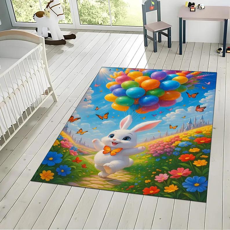 Tapis de Pâques Tapis Tapis avec Trois Lapins Œufs Floral Prairie Printanière Décoration de Maison pour Salon Tapis de Bienvenue Paillasson