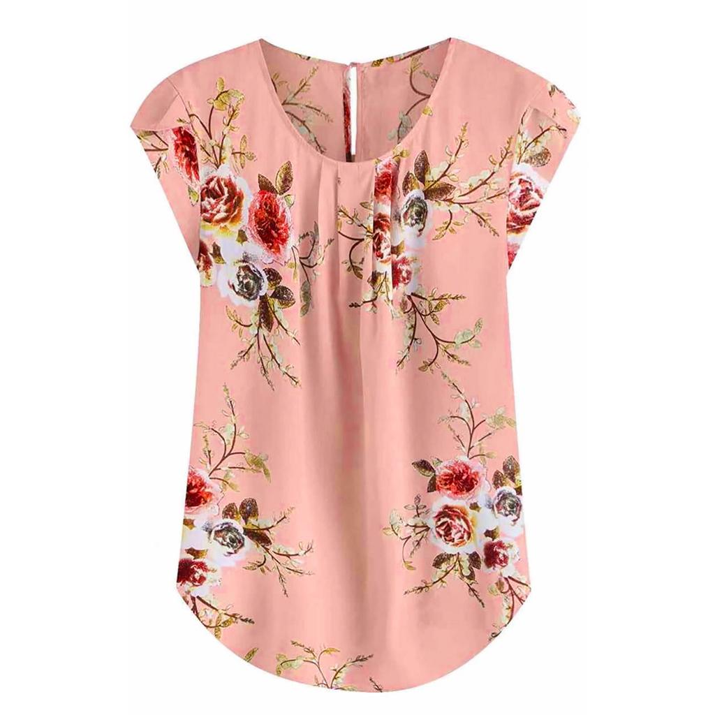Women's Fashion Color Printing Short-sleeved Button Round Neck Casual Tops