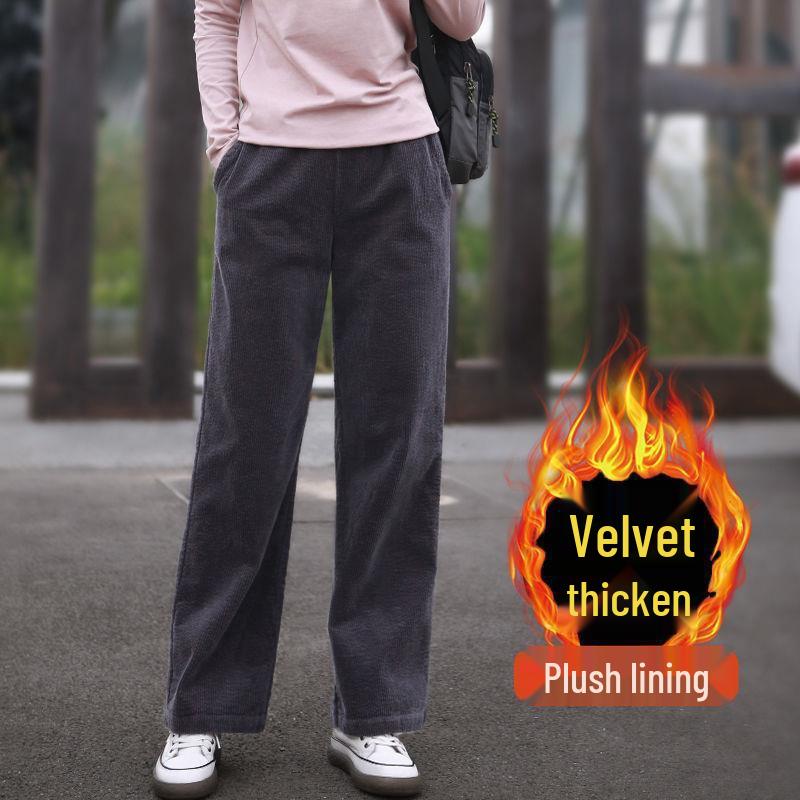 2025 Women's High Waist Straight-Leg Corduroy Pants: Versatile, Casual, Loose-Fit Woolen Pleated Solid Color Long Pants