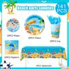141pcs Beach Party Supplies, Beach Plates And Napkins Party Supplies Includ Beach Theme Paper Plates Cups Napkins & Summer Beach Table Cloth etc