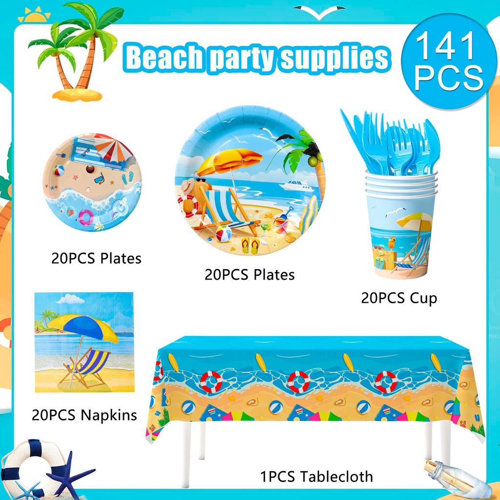 141pcs Beach Party Supplies, Beach Plates And Napkins Party Supplies Includ Beach Theme Paper Plates Cups Napkins & Summer Beach Table Cloth etc