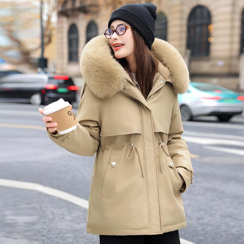 Thickened plush hooded pie overcomes retro warm cotton clothes, sweet wind waist fashionable simple coat