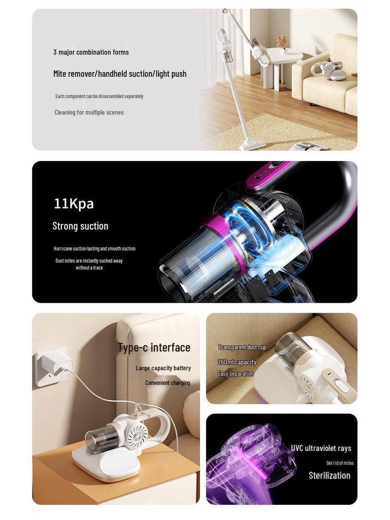 Rechargeable Handheld Vacuum Cleaner with UV Sterilizer and High Suction for Mite Removal