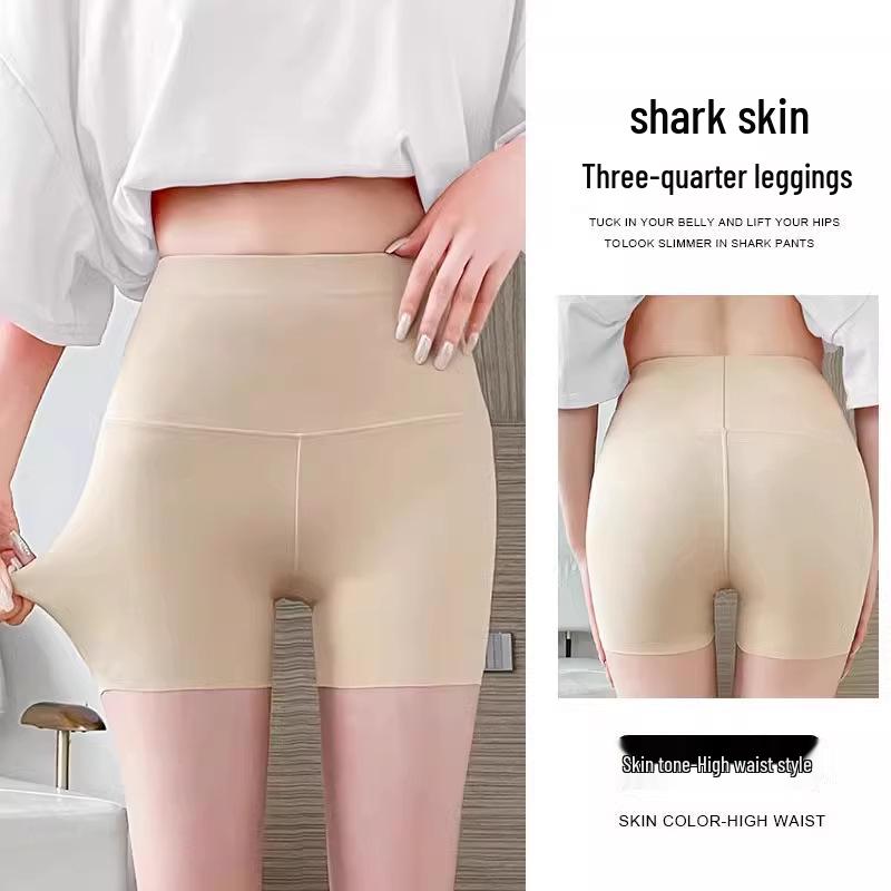 Women's High Waist Tummy Control Three-Quarter Summer Yoga Pants - Shark Skin, Seamless, Anti-Roll, Anti-Exposure Base Layer Shorts
