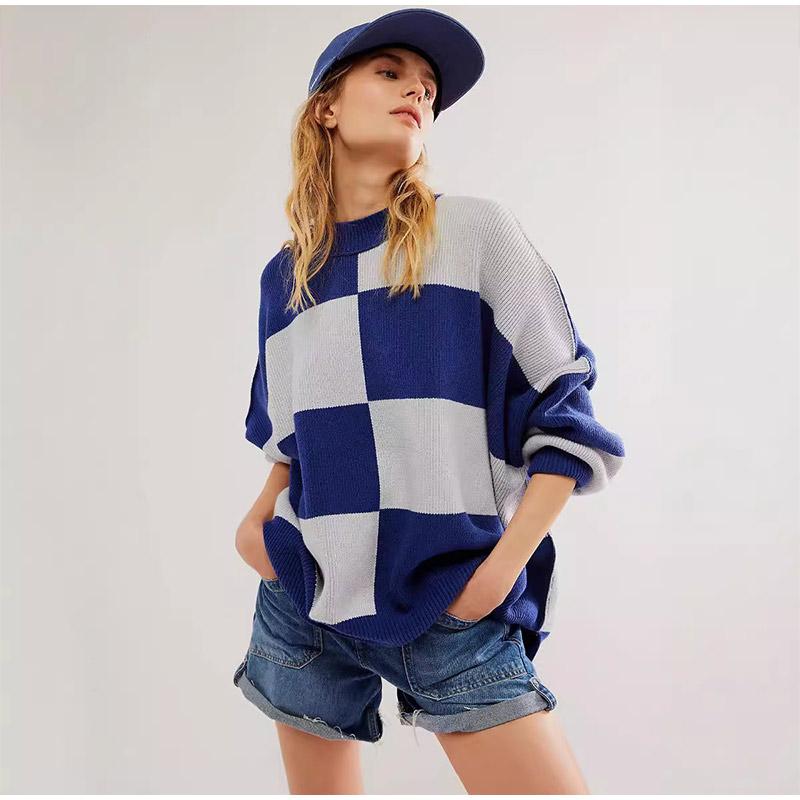 Повседневный свободный клетчатый вязаный пуловер для осени/зимы — фото 6