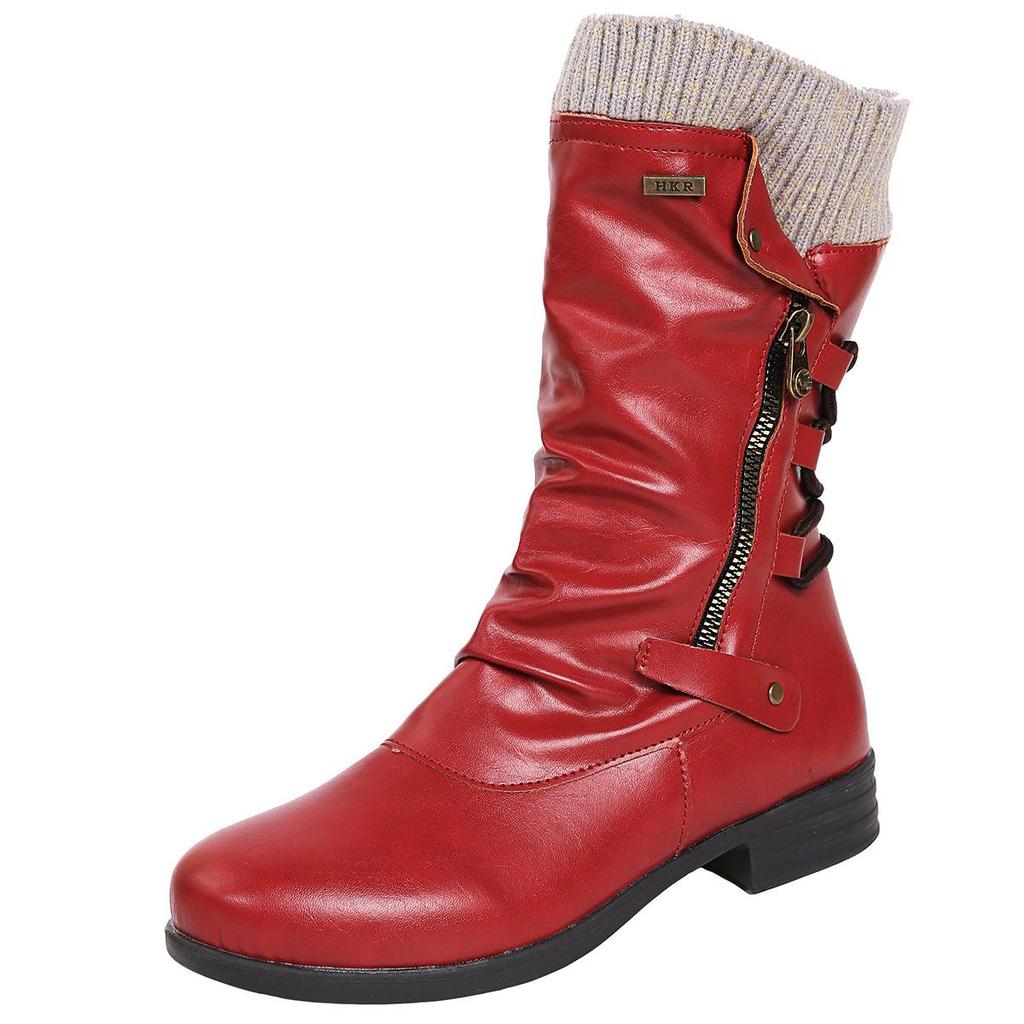 2021 Autumn/Winter Women's Plus Size Leather Boots, Round Toe with Wool Trim and Side Zip