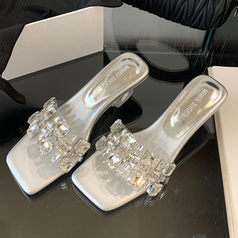 Fashion Luxury Crystal Fashion Transparent Heels Ladies Wedges Slippers Rhinestones Women Heeled Slippers Shoes Female Slides Pumps