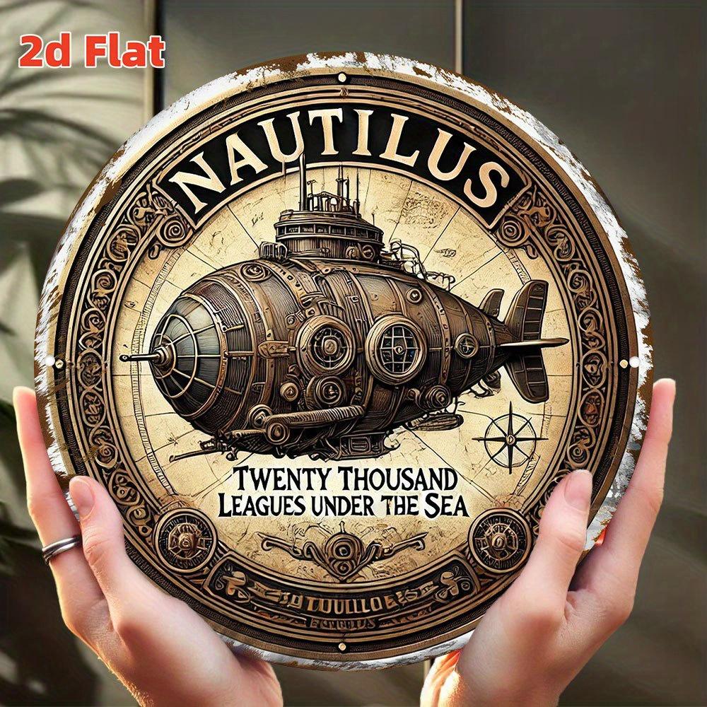 

HD Aluminum Metal Sign Nautilus Submarine Twenty Thousand Leagues Under the Sea Round Wall Decor Vintage Steampunk Nautical De 20x20cm(8x8inch)