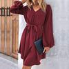Women Spring Solid Color V Neck Long Sleeve Lace Up All Match Chic Dresses