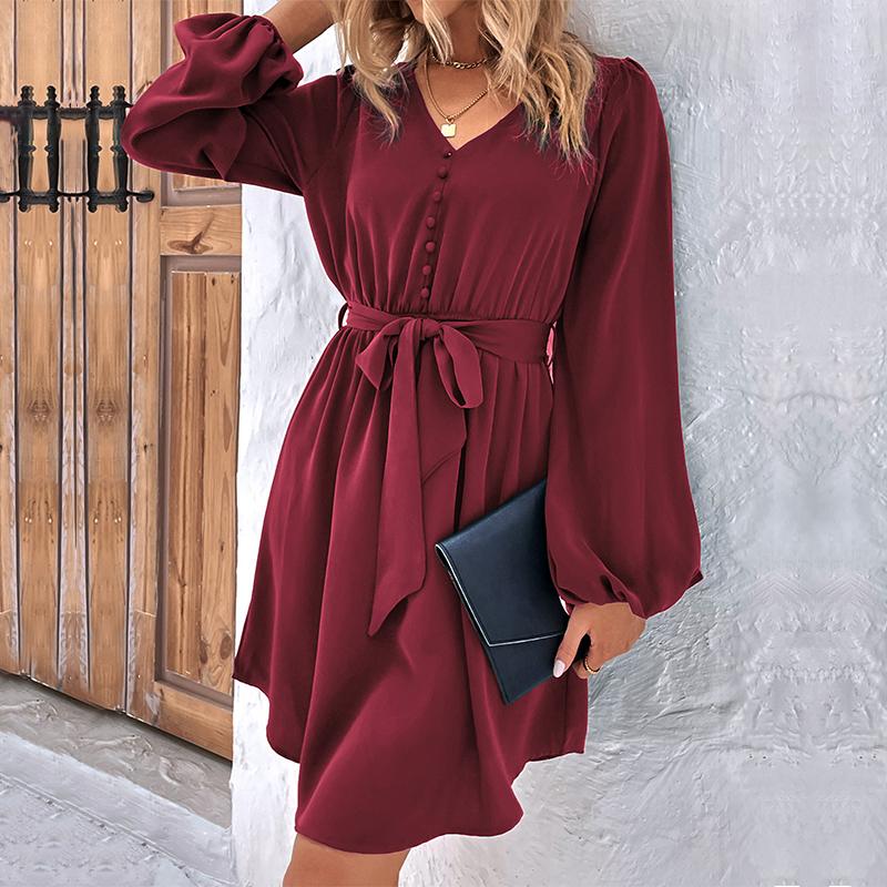 Women Spring Solid Color V Neck Long Sleeve Lace Up All Match Chic Dresses
