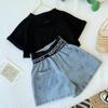 Girls Suits Clothing Set Summer Spring High Waist Denim Shorts Printing Letter Middle Sleeve Tops  2PCS Children Clothing Set