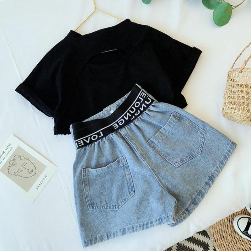 Girls Suits Clothing Set Summer Spring High Waist Denim Shorts Printing Letter Middle Sleeve Tops 2PCS Children Clothing Set