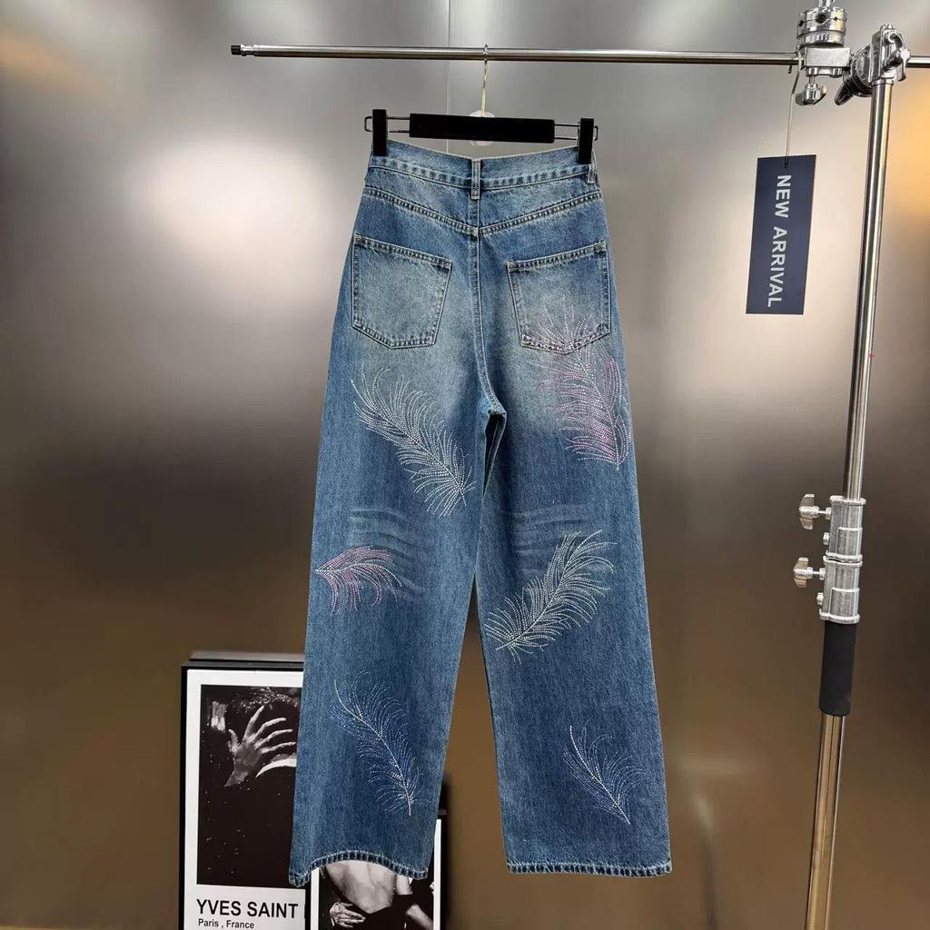 2025 Spring/Summer Women's French Retro Feather Rhinestone Straight Wide-Leg Denim Jeans