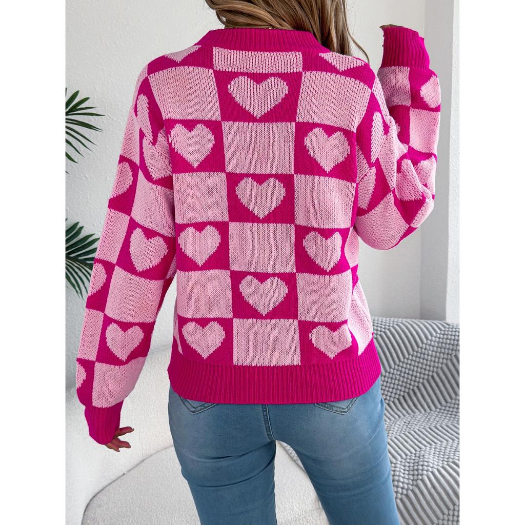 QICED Autumn and Winter Color-blocking Checkered Heart-shaped Lantern Sleeve Pullover Sweater for Valentine's Day Women's Wear