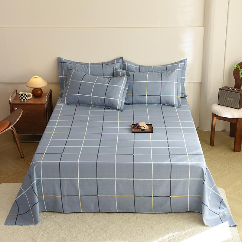 Geometric Grid Pattern Bed Sheet Set 3Pcs 100% Cotton Queen Size Bedding Set Skin-friendly Soft Bed Sheets with Pillowcases