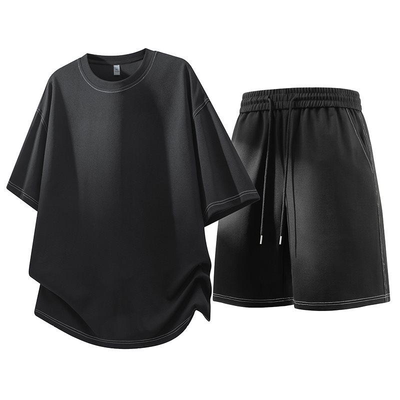 Men s Trendy Summer Sportswear Set: Loose-Fit Short Sleeve & Shorts 2XL чёрный