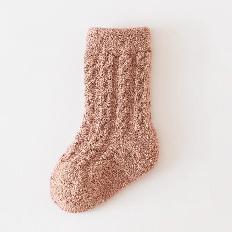 0-3Years Baby Plush Socks Thick Coral Velvet Twist Knitting Solid Color Children's Warm Velvet Mid Tube Socks Autumn and Winter