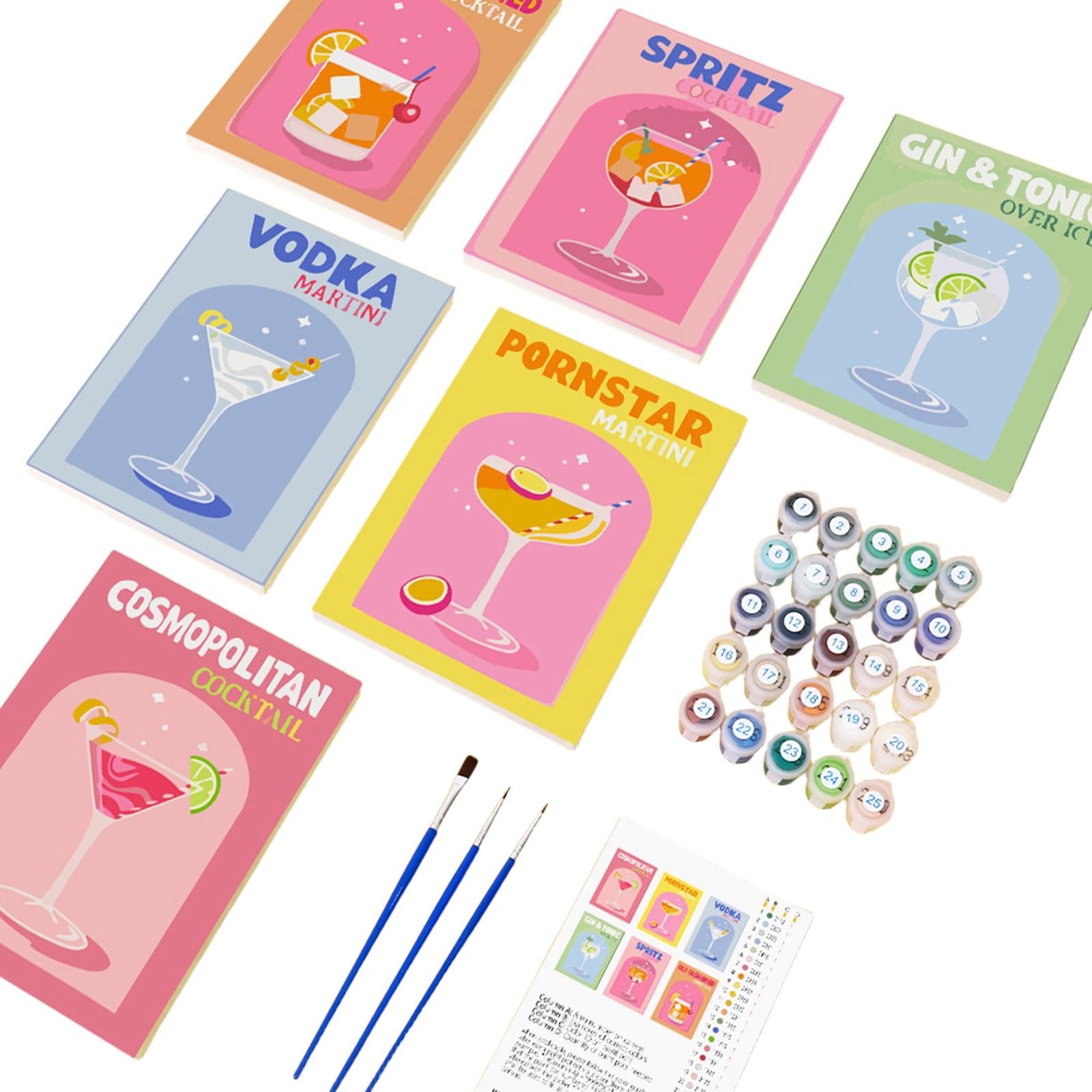 

6 Pack Retro Cocktail Paint By Numbers Kit, Painting Kits For Beginners On Colored Canvas, Vintage Easy Paint By Number On Canvas One Size