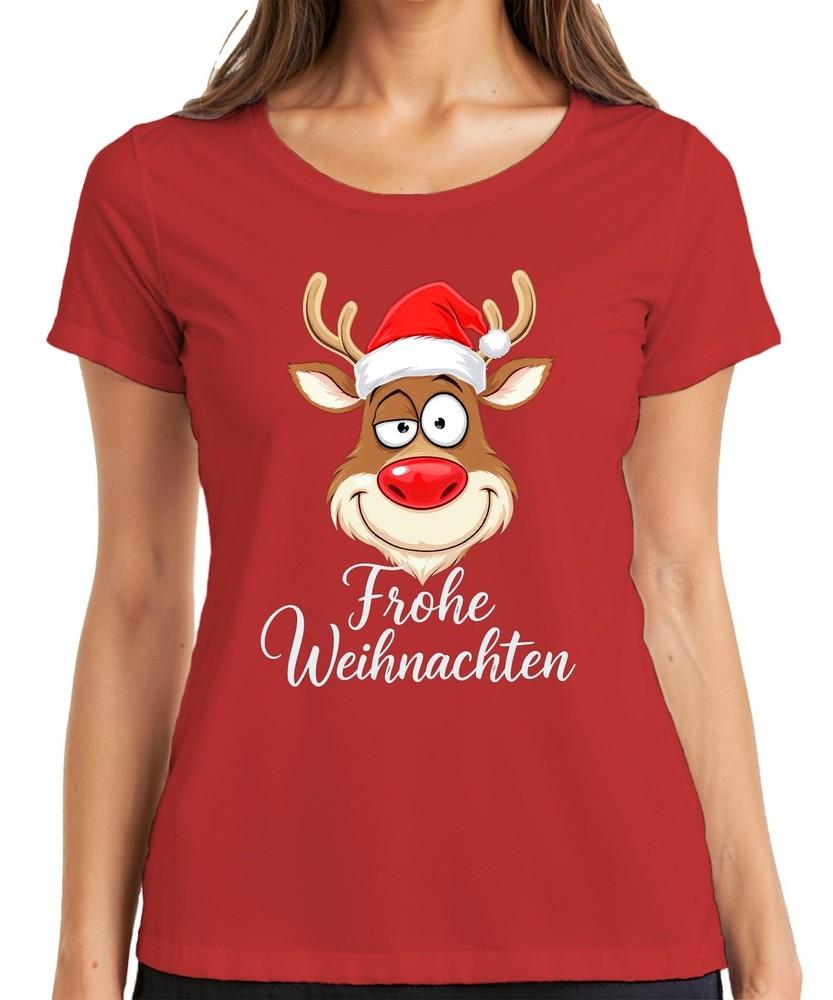Merry Christmas Reindeer Rudolph Santa Hat Funny Cartoon Ladies TShirt