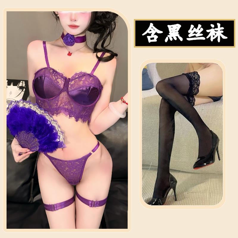 Purple Sexy Three-point Bra Set Perspective Thong Set Spice Girl Midnight Charm Passion Burning