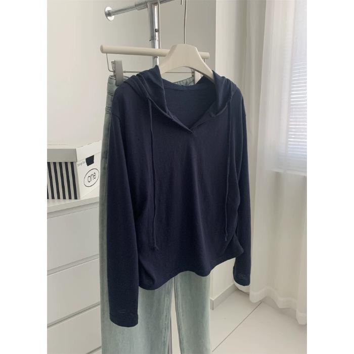 

Women s Plus Size Cross-Waist Cotton Hooded Sweatshirt - Slimming Long-Sleeve Fall Top with Ruched Design M [suitable for 90-100 jin] темно-синий