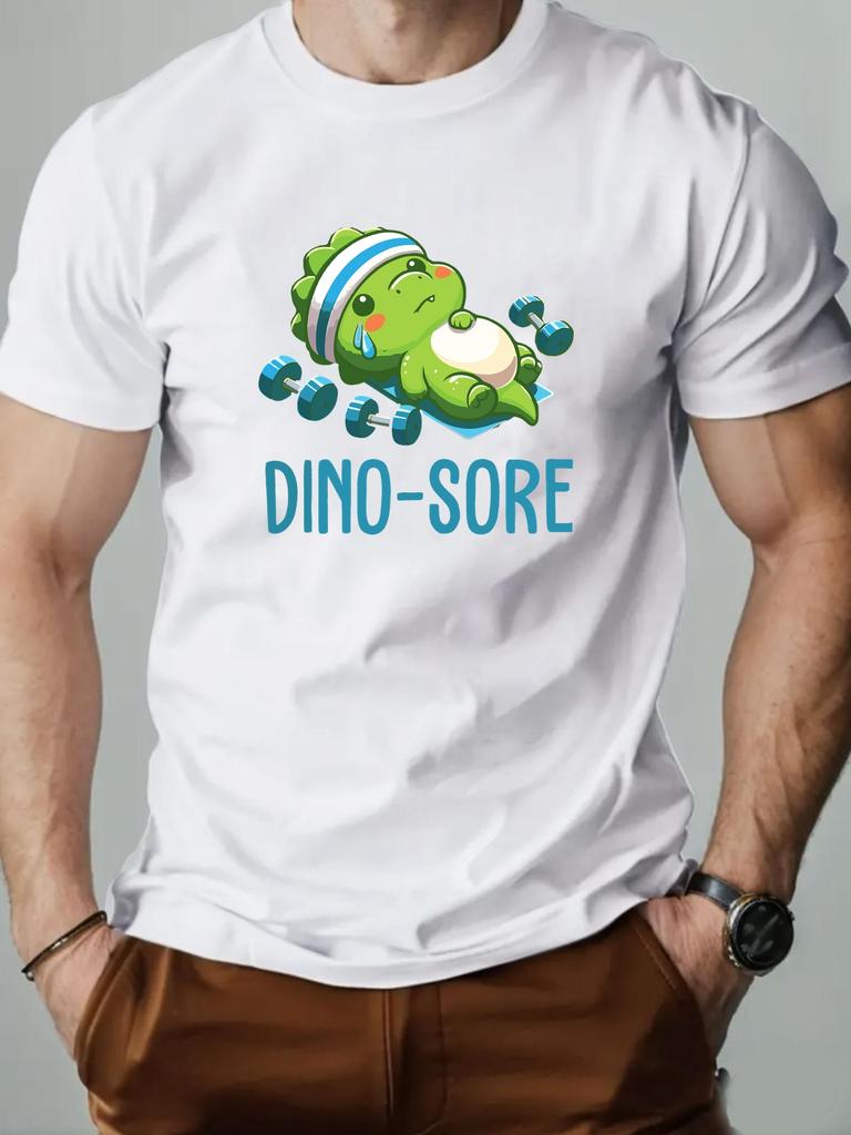 Men's Short Sleeve T-Shirt Cute Dino Sore Cartoon Dinosaur Fitness Graphic Print Weightlifting Theme Casual Streetwear Top