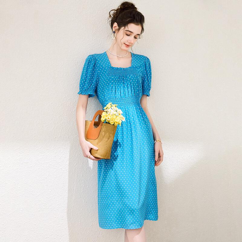 TUHUANG Mulberry Silk French Polka Dot Puff Sleeve Midi Dress XL