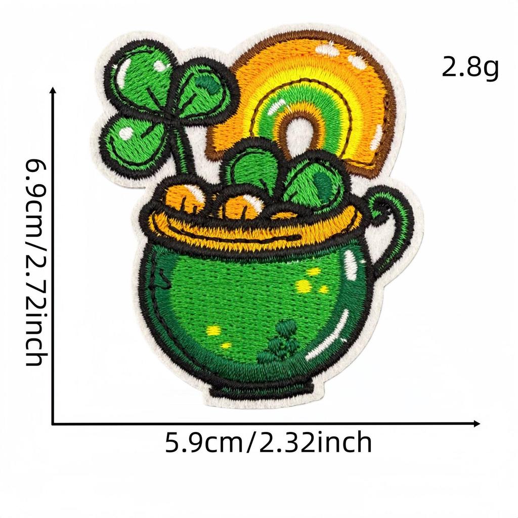 Saint Patrick's Four-Leaf Clover Cartoon Embroidered Patch - Clothing Accessory with Adhesive.