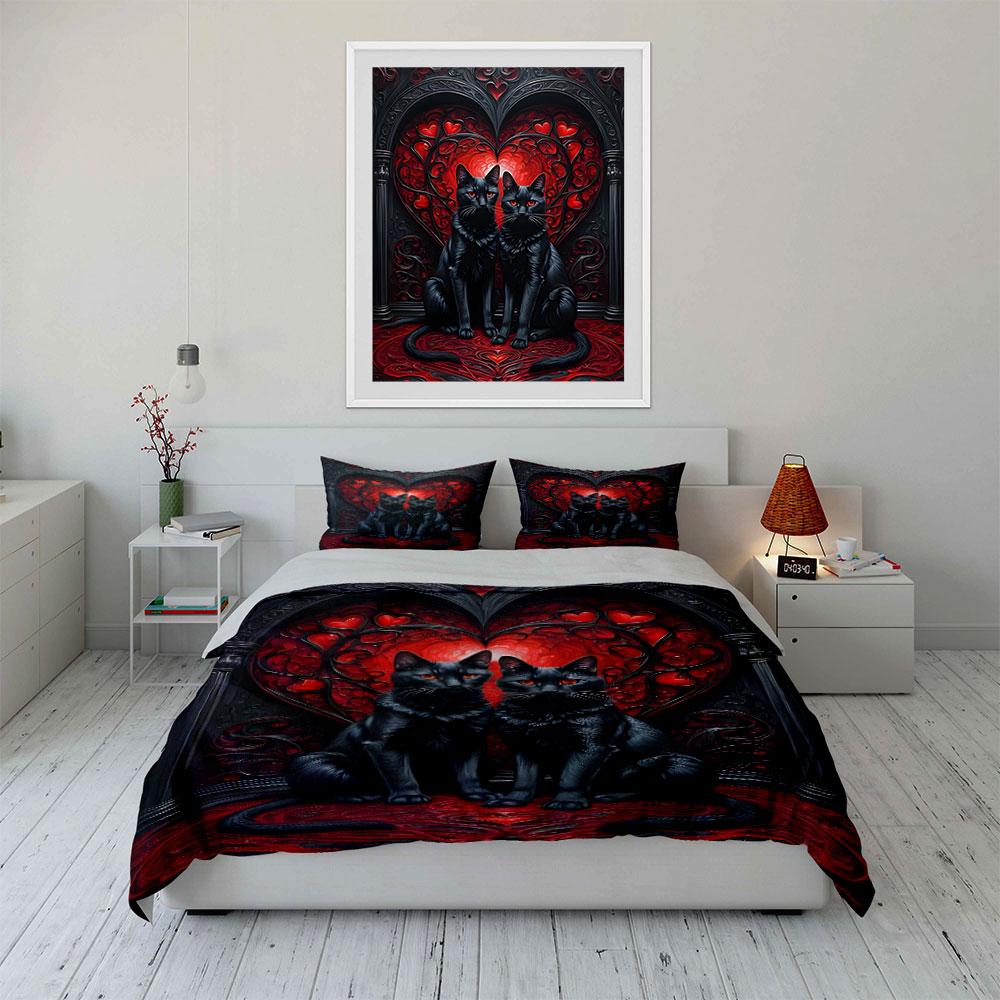 Black Cats with Gothic Hearts Bedding Duvet Cover Set (1*Duvet Cover 2*Pillowcases, without duvet insert)