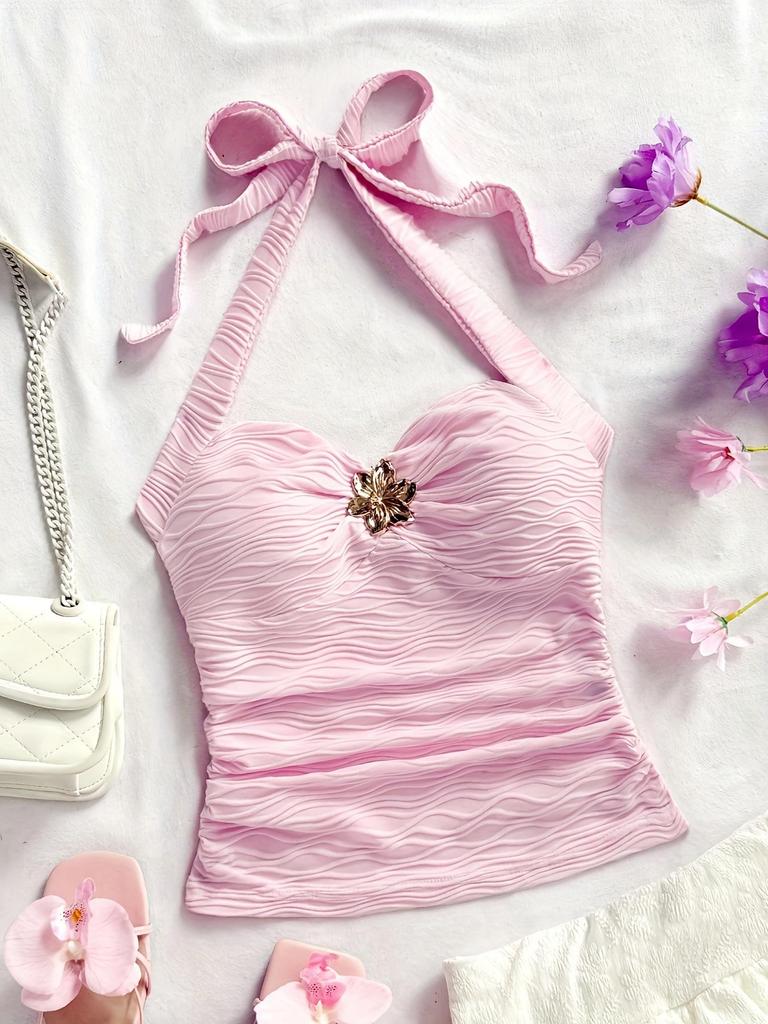 Floral V-Neck Spaghetti Strap Bodycon Tank Top for Vacation, Women's White Knitted with Metal Buckle