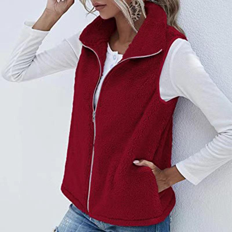Women's Solid Lapel Pocket Zip Lightweight Plus Size Sleeveless Plush Jacket Clothes Sale