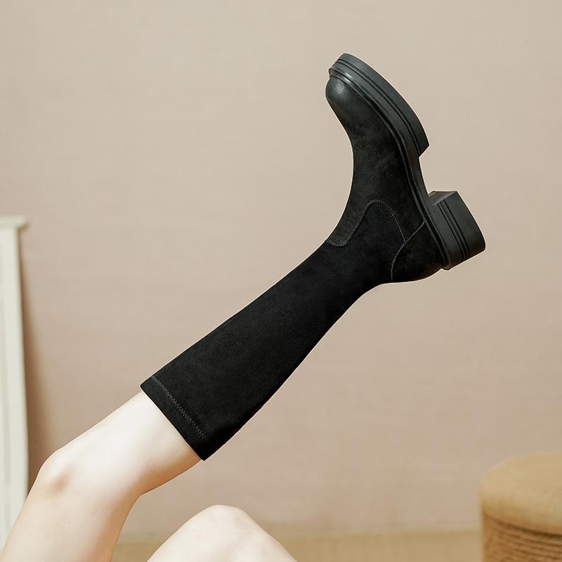 NEW Fall Women Shoes Round Toe Chunky Shoes Women Winter Split Leather Knight Boots Thick Heel Knee High Boots Retro Boots Women