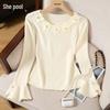 Women's Floral Beaded Round Neck Flared Sleeve Top