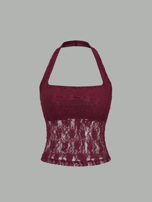 European & American Retro Style Halter Bustier Crop Top with Patchwork Lace for Women