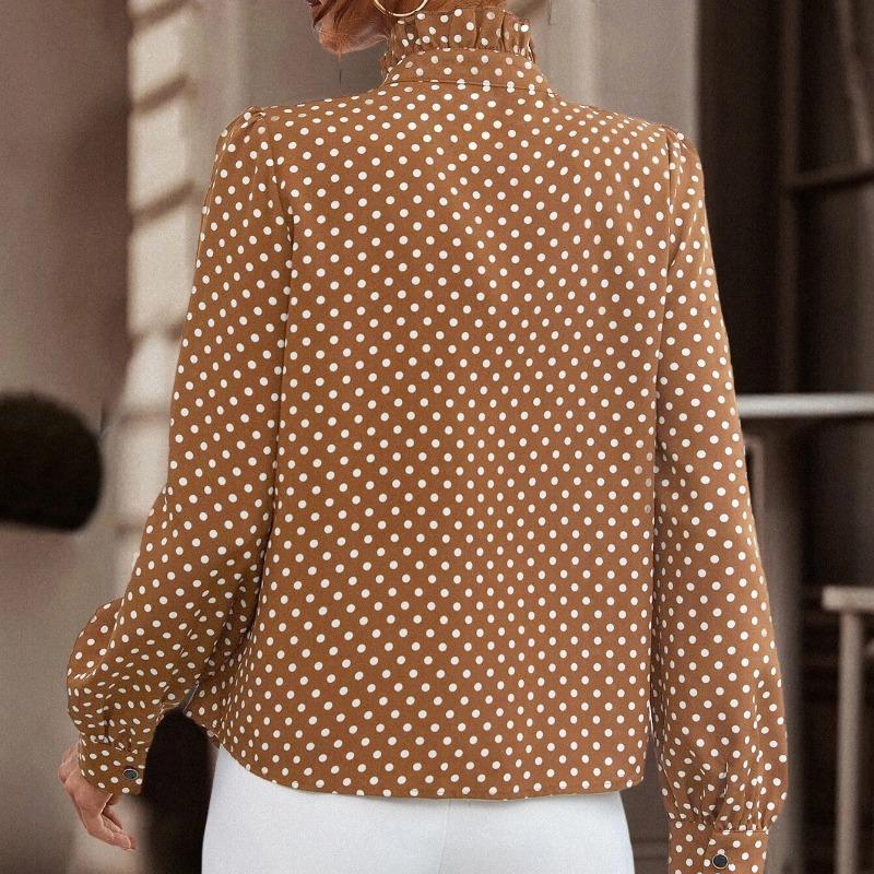 Spring Vintage Lace Ruffled Stand Collar Fashion Polka Dot Shirts Women Long Sleeve Slim Fit Elegant Casual Blouses Women Simple Chic Shirt Tops 26488