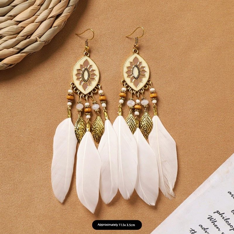 Ethnic Style Bohemia Feather Earrings White Long Style Fashion Retro Stylish Tassel Female Holiday Trip Shoot Earrings