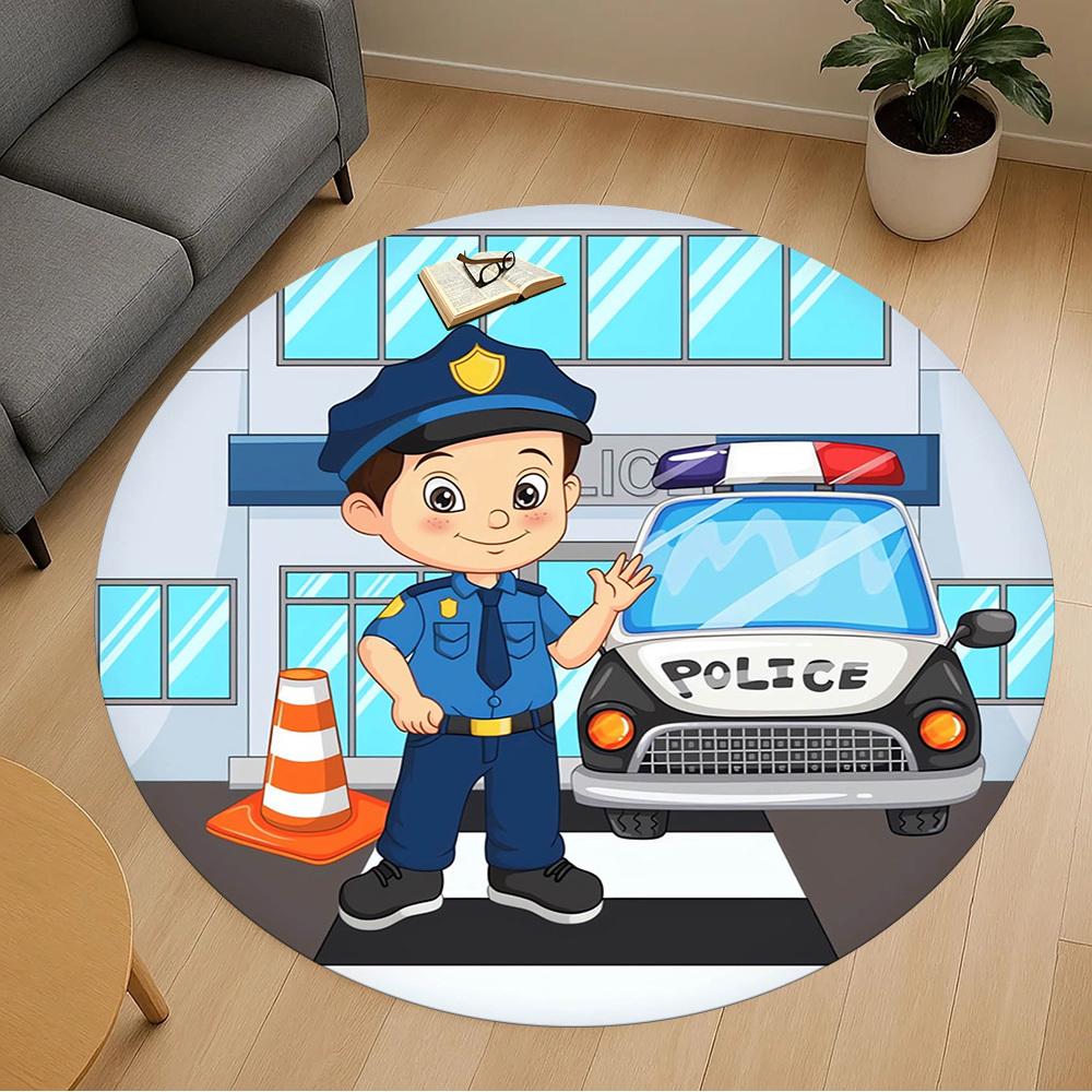 1pc Police OfficerPolice Car Round Chair mat Area Rug - Non-Slip, Floor Mat for Office, Bedroom, home decor Christmas Gift p0811434