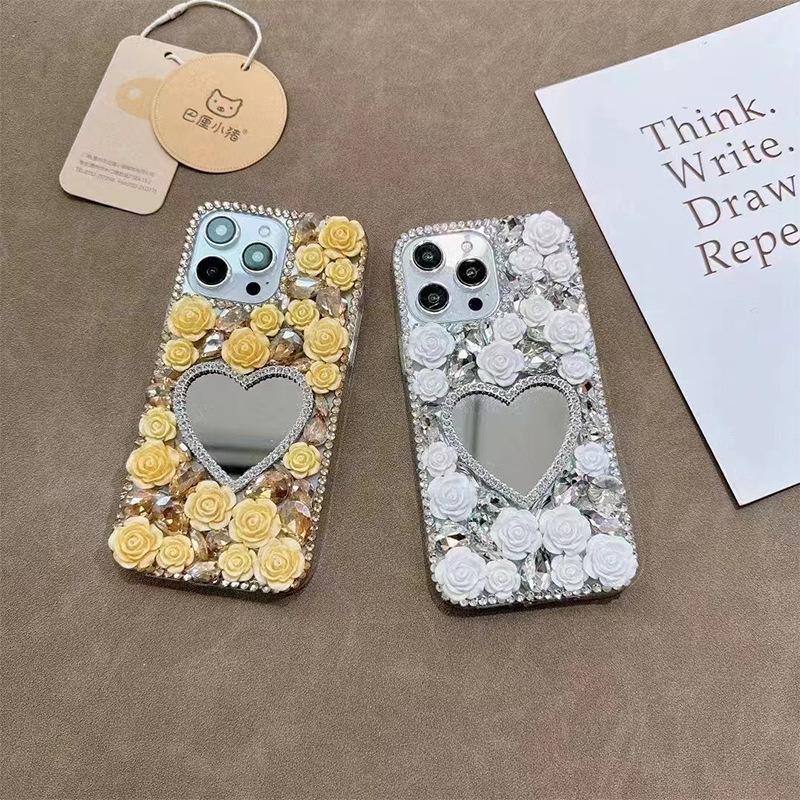 Rhinestone Flower Love Mirror for IPhone17Promax Mobile Phone Case for Apple 16plus Luxury 14 Women's Model