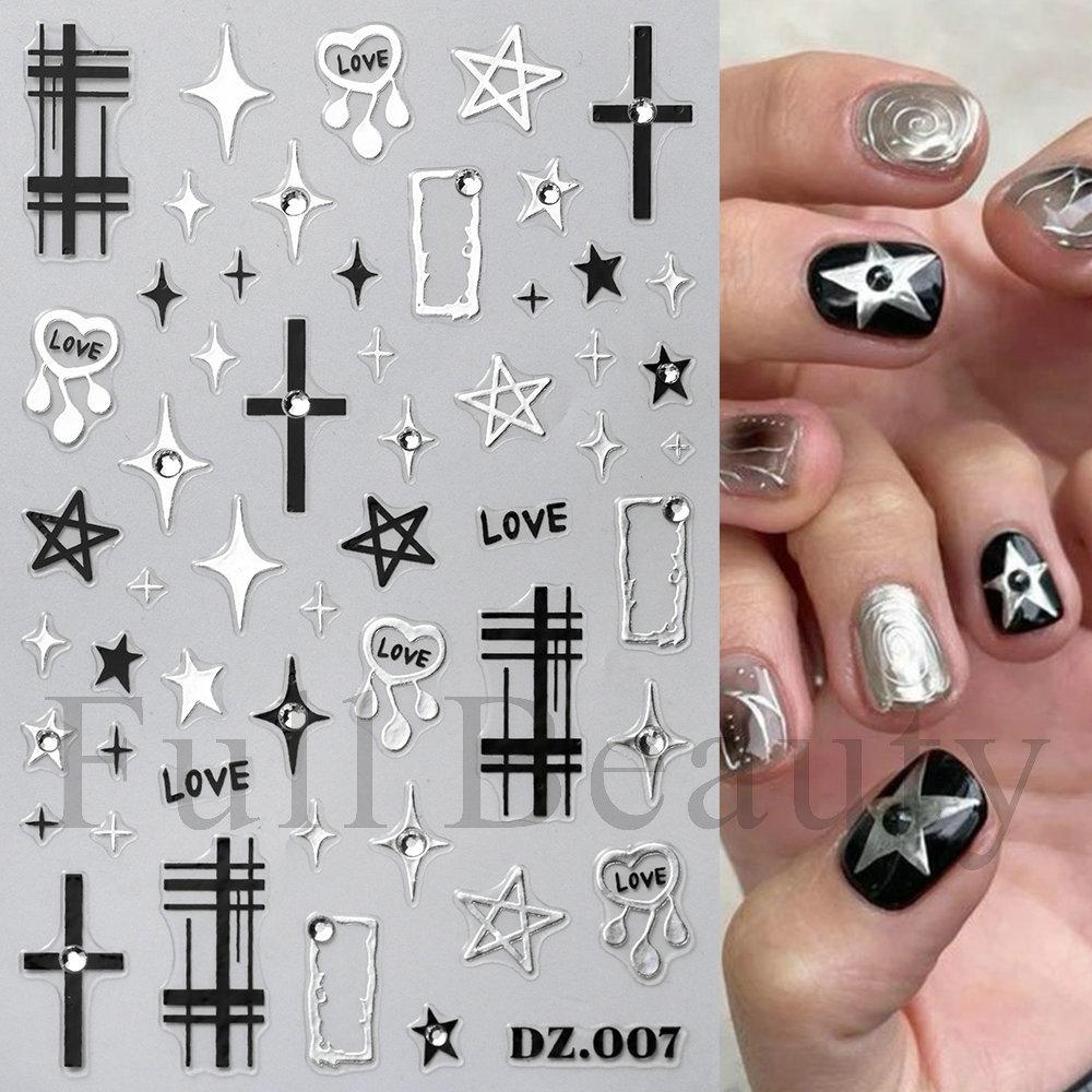 Nail Art Sticker, French Dot Crystal Diamond Black And Silver Star Relief Three-Dimensional Adhesive Nails.