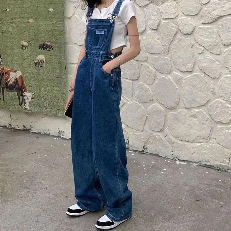 Blue Jumpsuits Jeans Women Straight Fashion Casual Wide Leg Pants Streetwear High Waist Vintage Female Harajuku Y2K Trousers