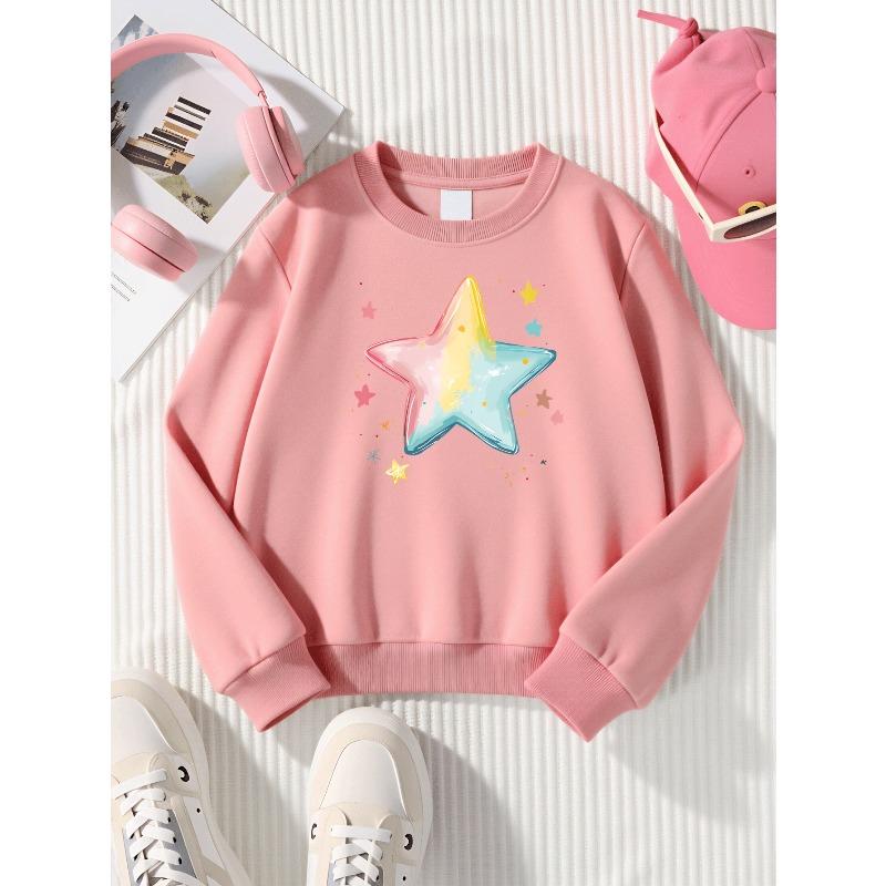 Girls' Crewneck Sweatshirt Colorful Star Pattern Print Design Machine Washable, Spring And Autumn, Sportswear And Casual Wear, Soft And Comfortable