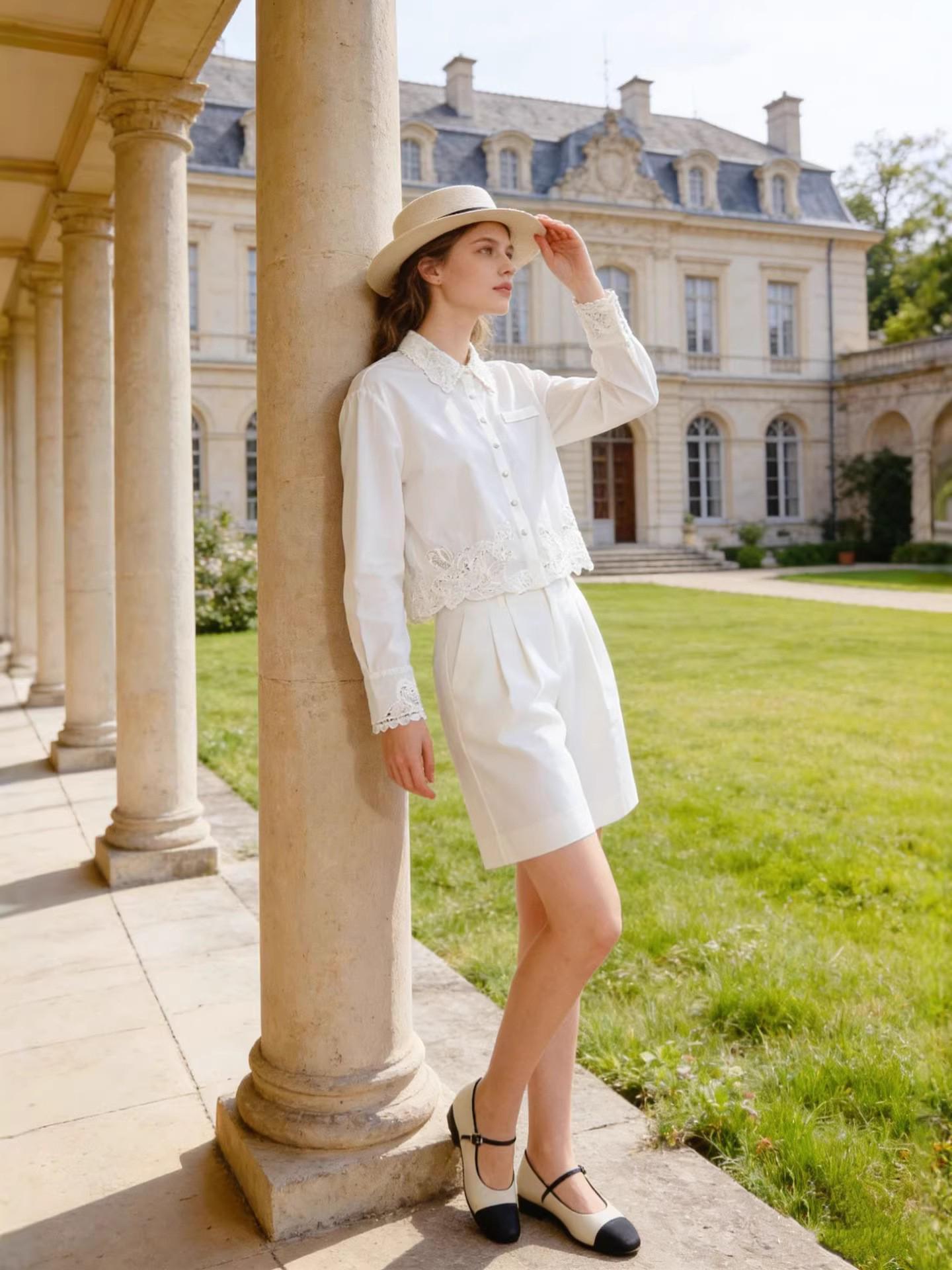 Spring 2026 French Chic Embroidered Women s Shirt with Lace Patchwork Small белый