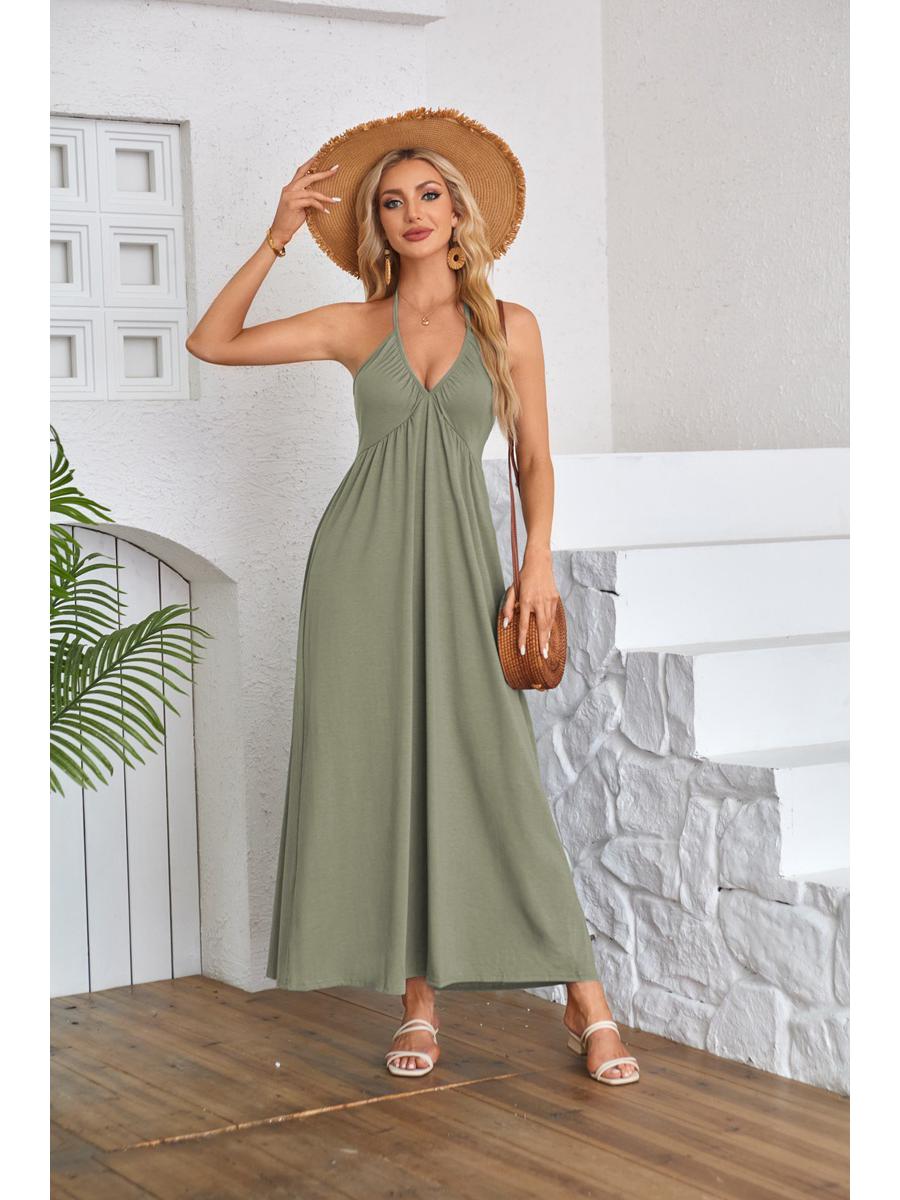 

2024 Европейское и американское платье с V-образным вырезом, халтер, открытой спиной, сборками, без рукавов Small трава зеленый