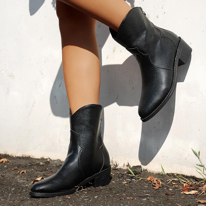 Fashion Vintage Black Pointed Toe Western Boots Women Slip On Thick Heels Ankle Boots Woman Back Zipper Autumn Winter Botas Mujer 36-42