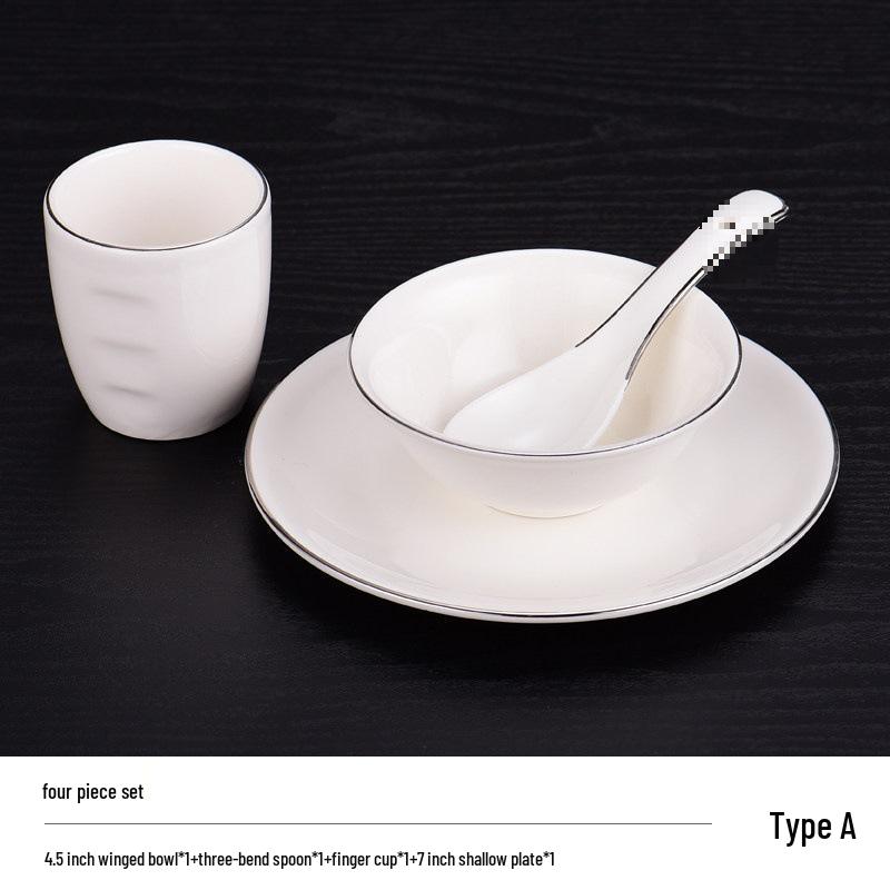 Elegant Ceramic Tableware Set: White with Platinum Rim - Includes Plates, Bowls, and Dishes for Restaurants or Clubhouses, Available in 3 or 4 Pieces