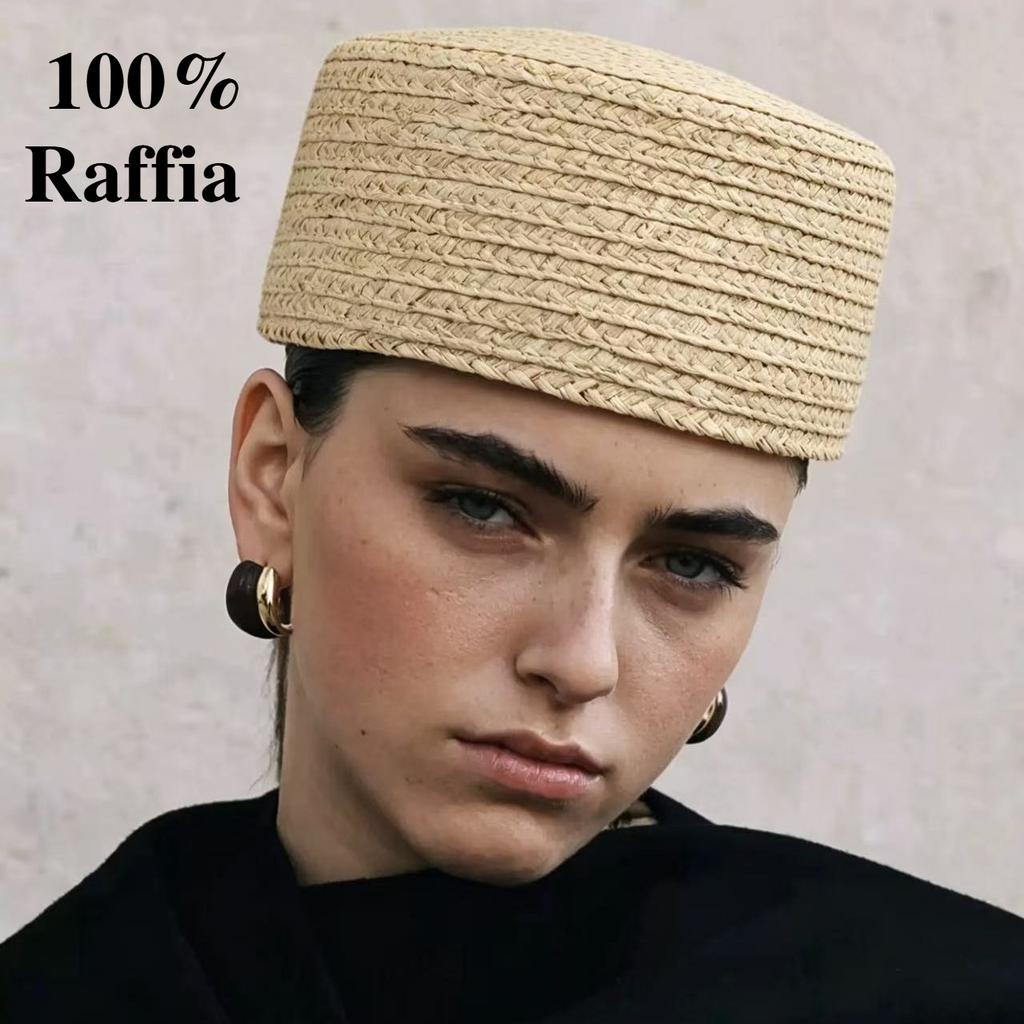 Summer Vintage 100% Raffia Flat Top Sun Hat Women Natural Wheat Straw Hand Woven Pillbox Hat Party Charming Wedding Party Berets